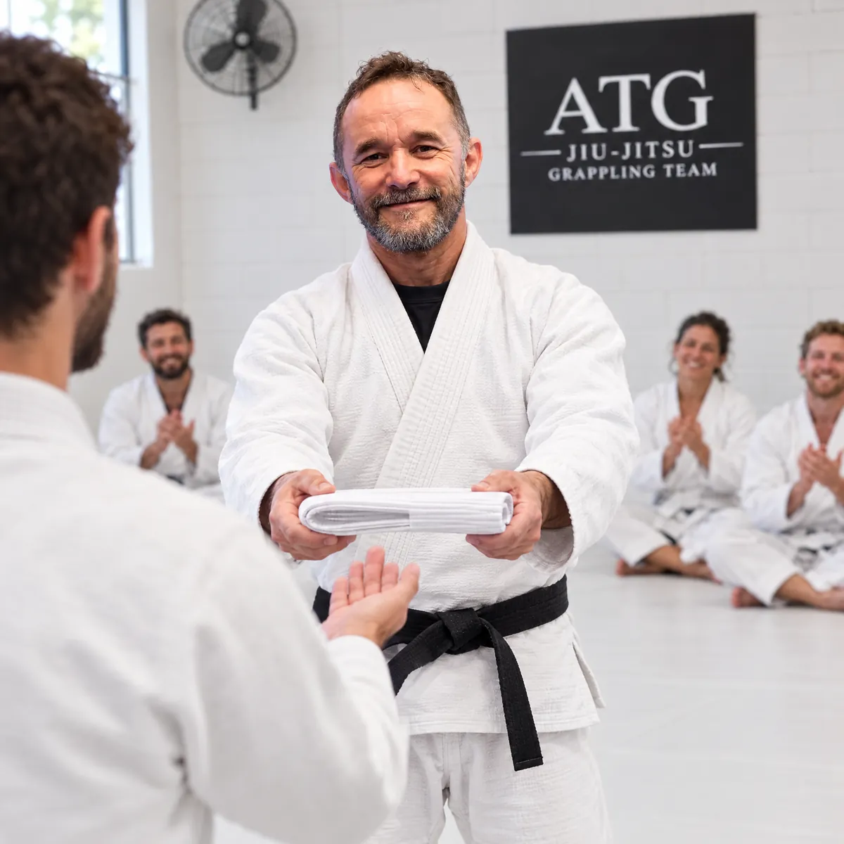 Professor Airton entrega a faixa branca a um aluno novo na primeira aula, com a turma aplaudindo ao fundo